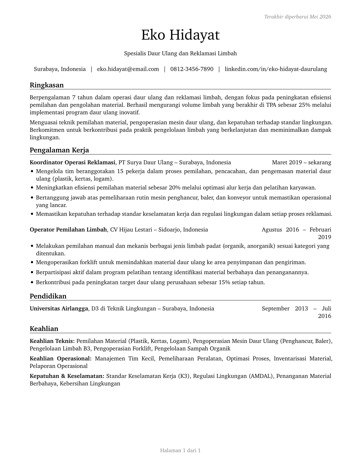 Recycling and Reclamation Workers CV in Indonesian — page 1
