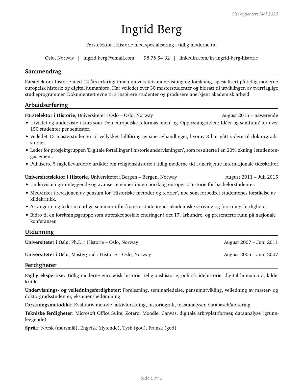 History Teachers, Postsecondary CV in Norwegian_bokmal — page 1