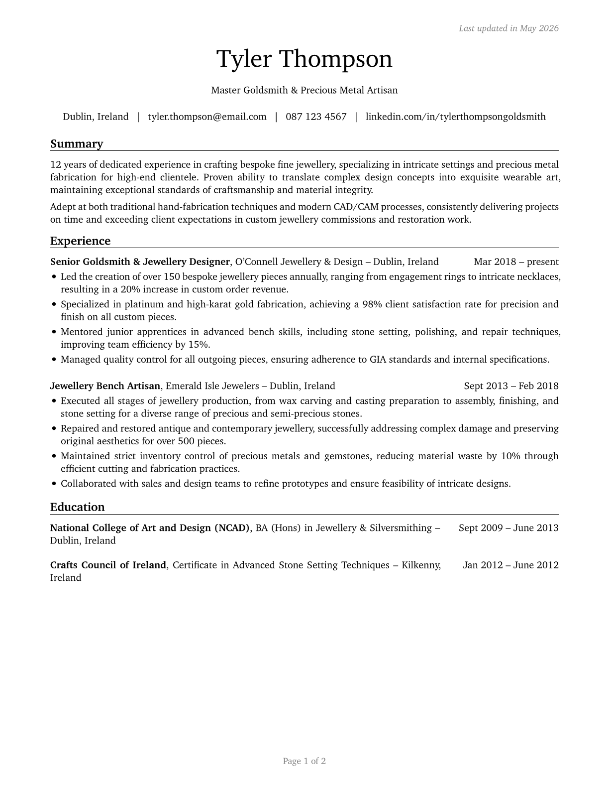 Jewelers and Precious Stone and Metal Workers CV in English — page 1