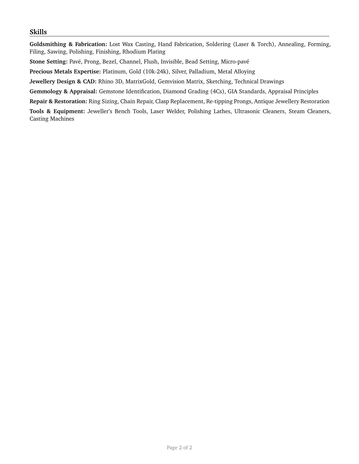 Jewelers and Precious Stone and Metal Workers CV in English — page 2