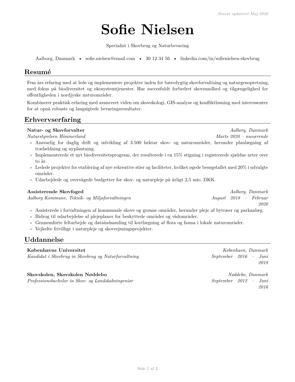 Forest and Conservation Workers CV in Danish — page 1