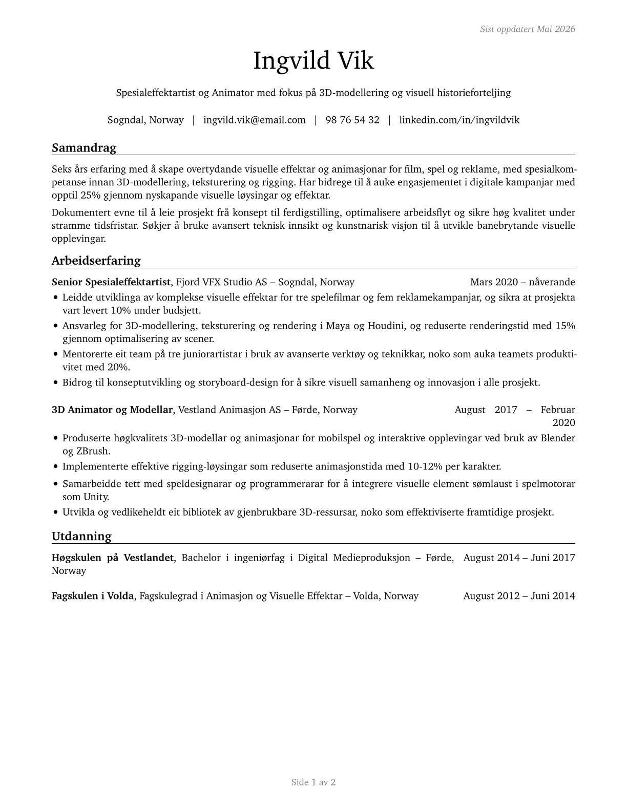 Special Effects Artists and Animators CV in Norwegian_nynorsk — page 1