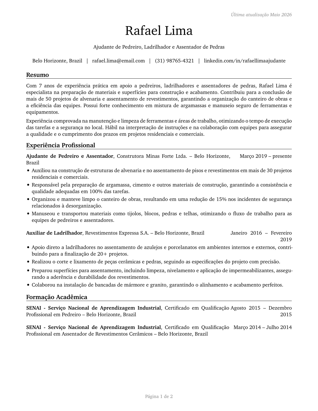 Helpers--Brickmasons, Blockmasons, Stonemasons, and Tile and Marble Setters CV in Portuguese — page 1