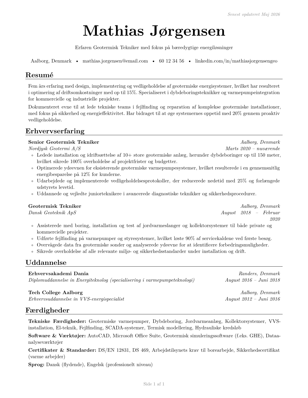 Geothermal Technicians CV in Danish — page 1