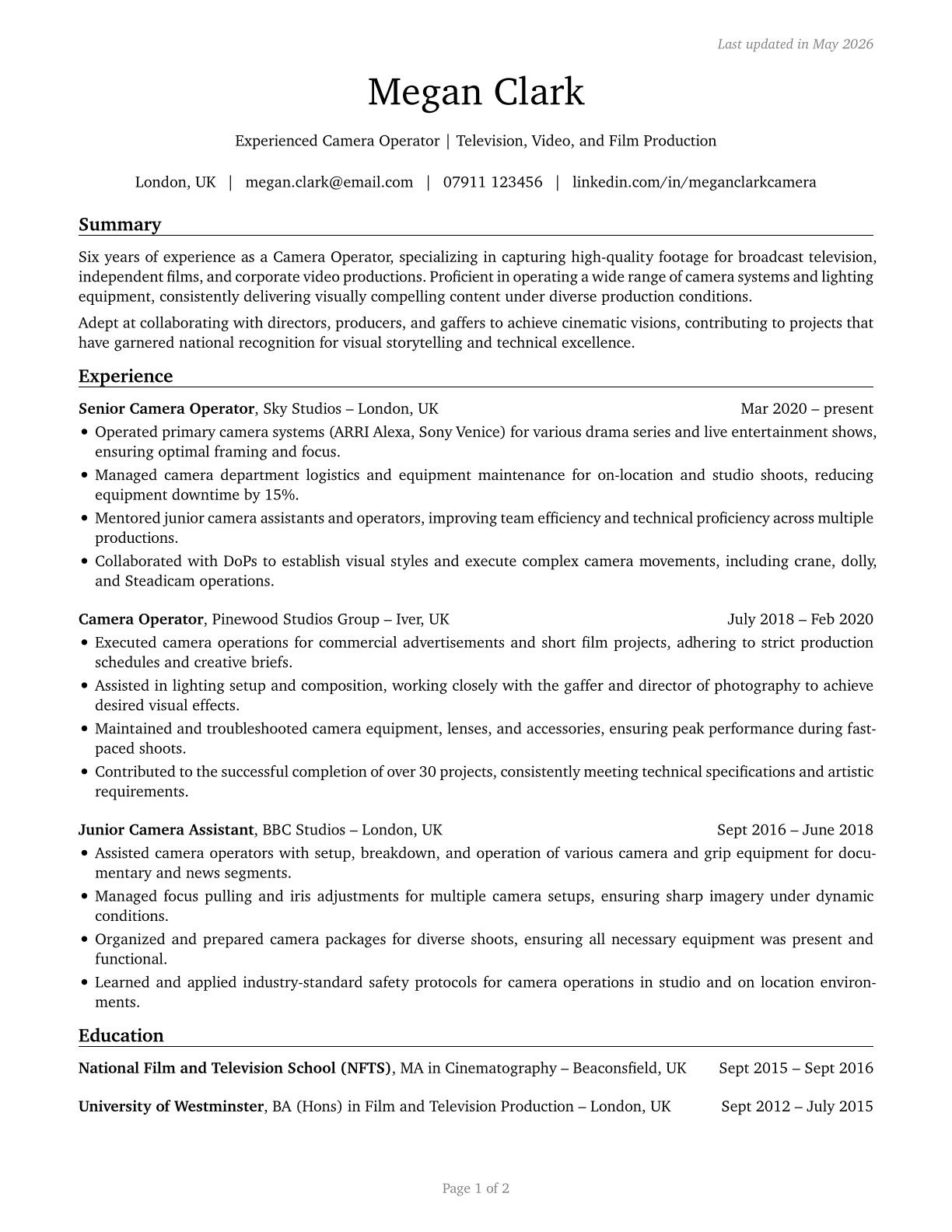 Camera Operators, Television, Video, and Film CV in English — page 1