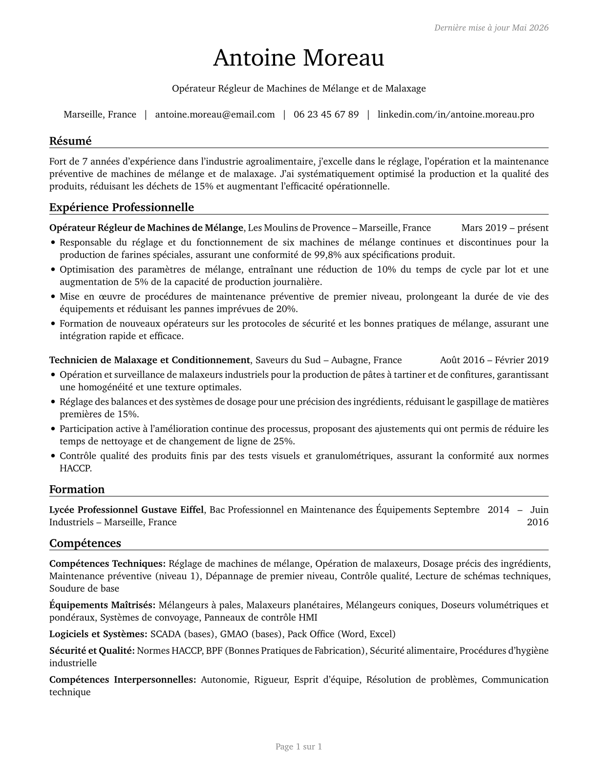 Mixing and Blending Machine Setters, Operators, and Tenders CV in French — page 1
