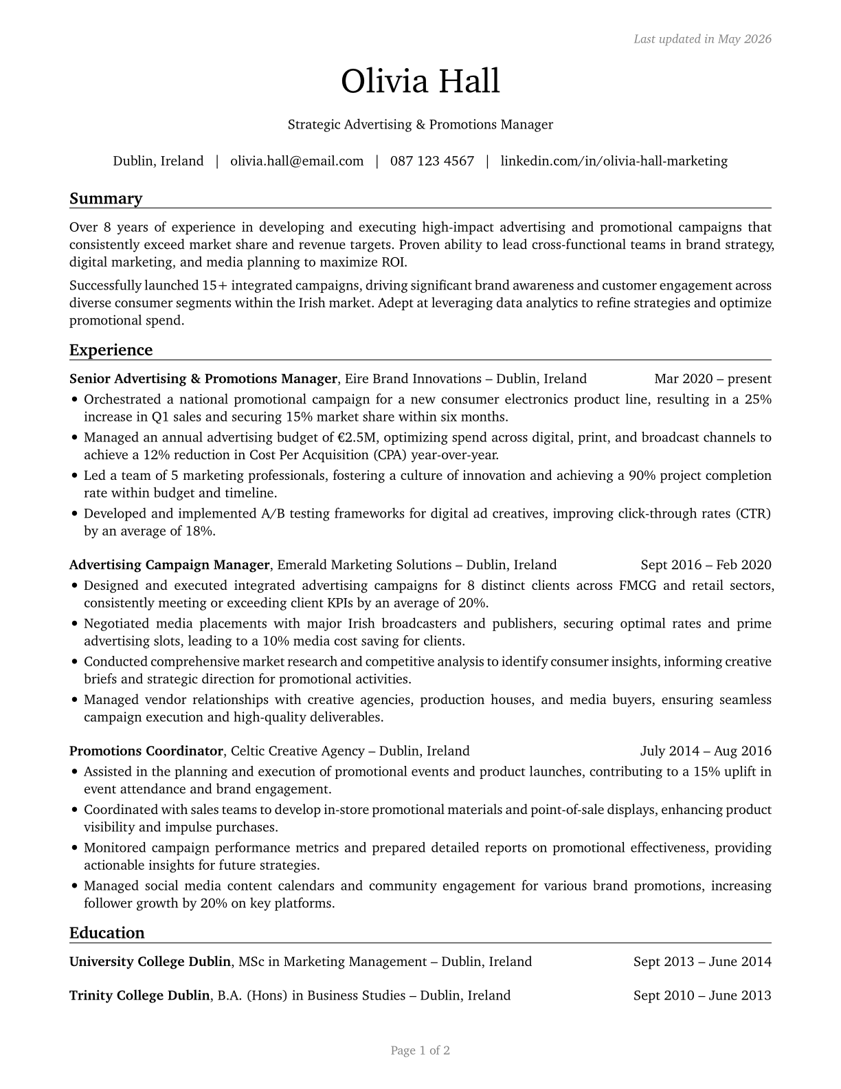Advertising and Promotions Managers CV in English — page 1