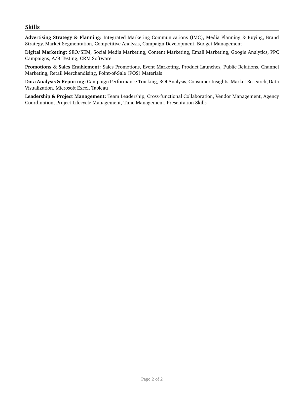 Advertising and Promotions Managers CV in English — page 2