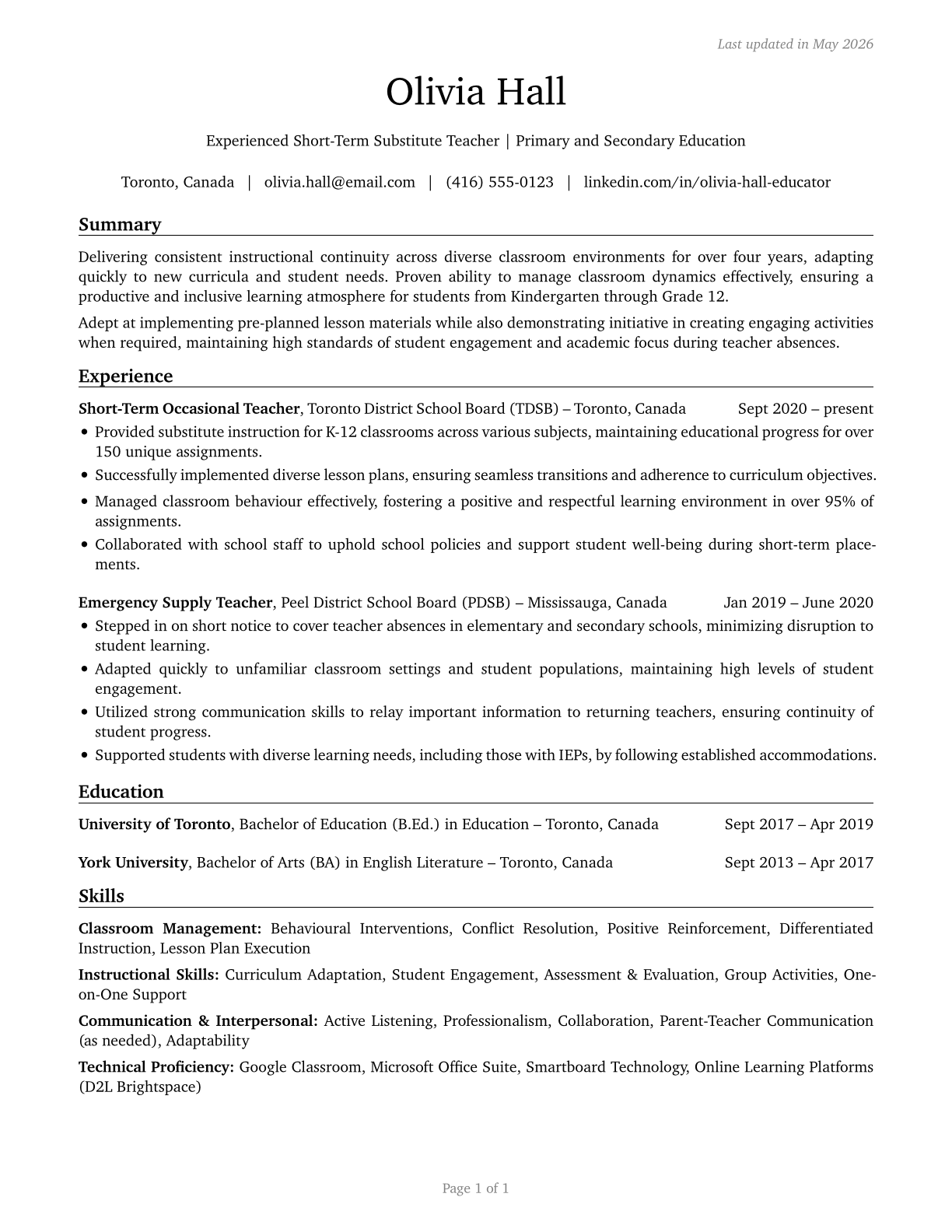 Substitute Teachers, Short-Term CV in English — page 1