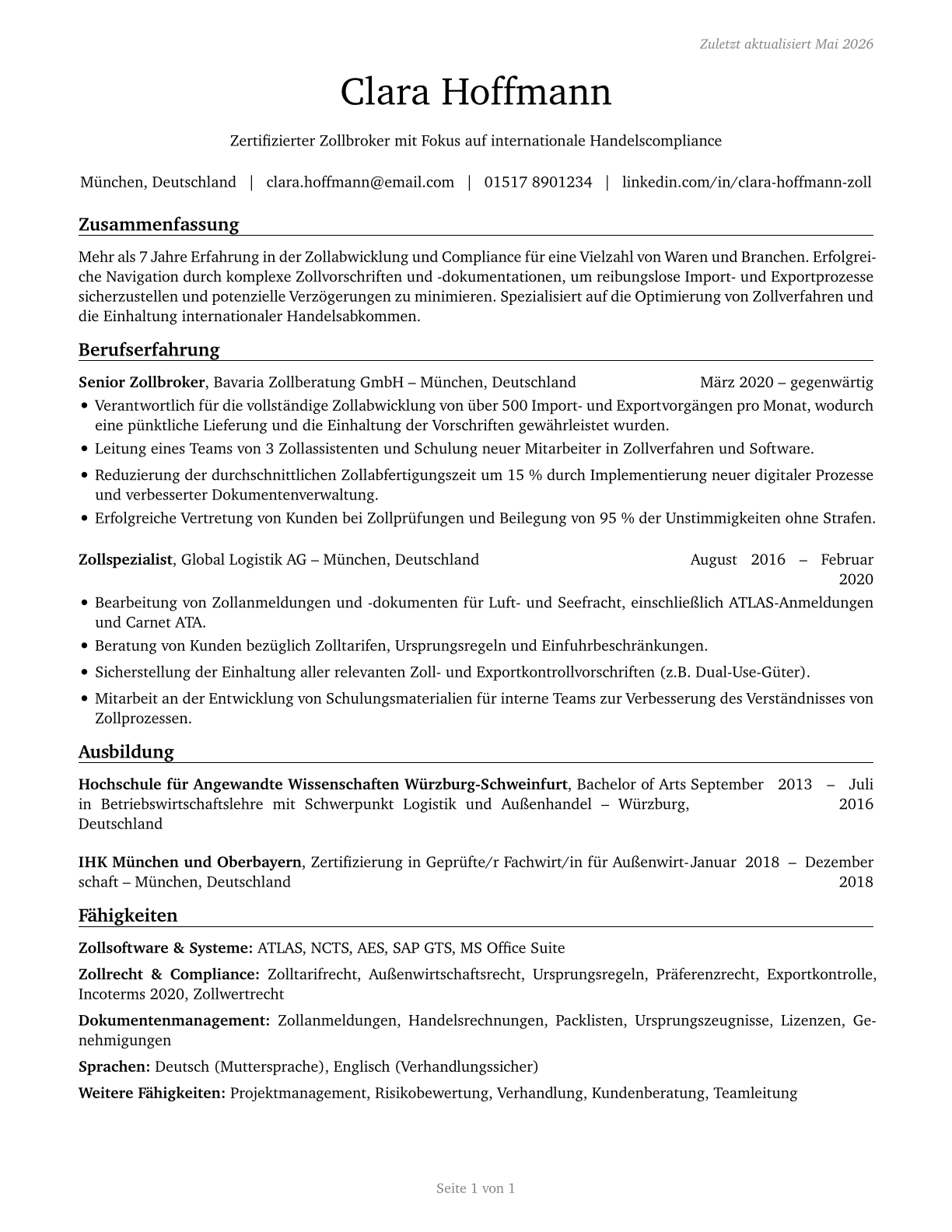 Customs Brokers CV in German — page 1