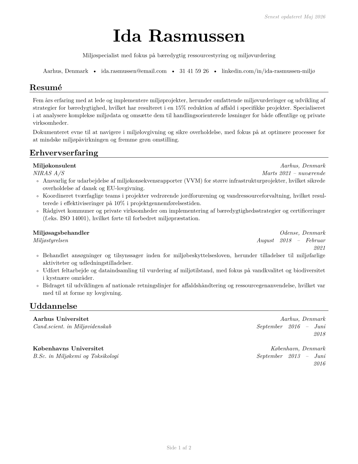 Environmental Scientists and Specialists, Including Health CV in Danish — page 1