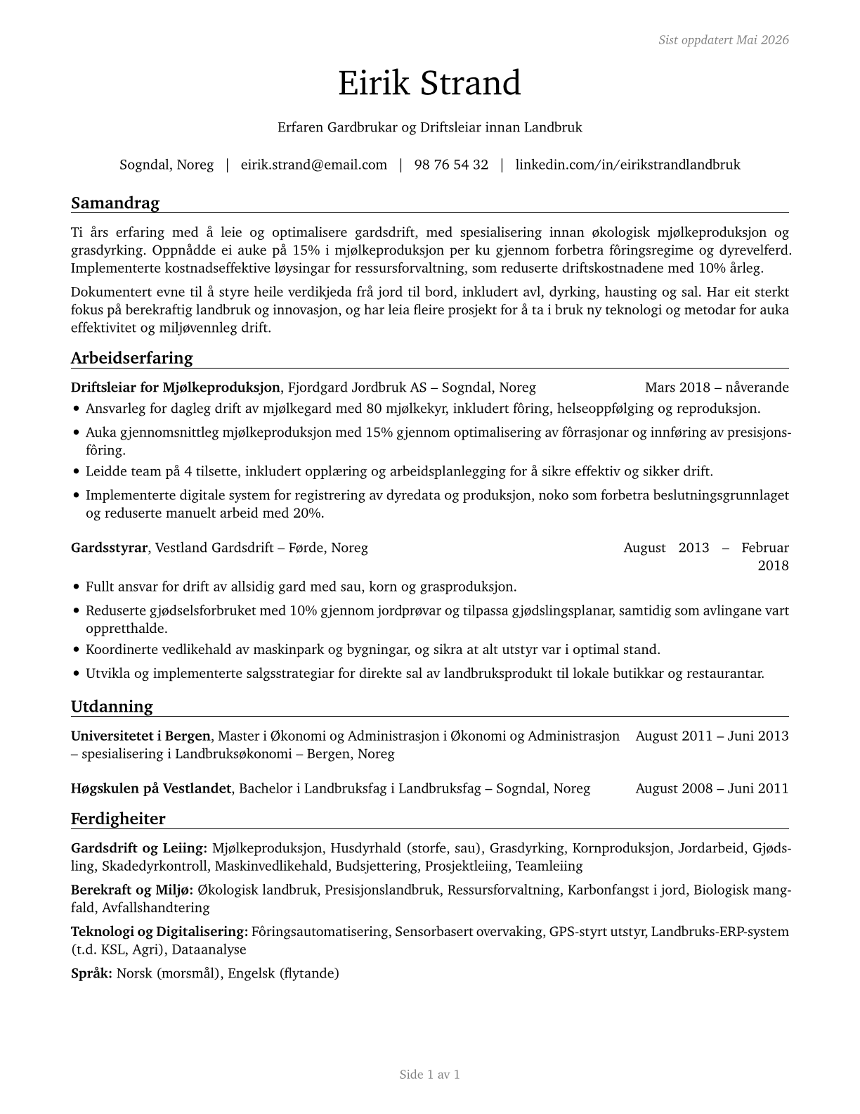 Farmers, Ranchers, and Other Agricultural Managers CV in Norwegian_nynorsk — page 1