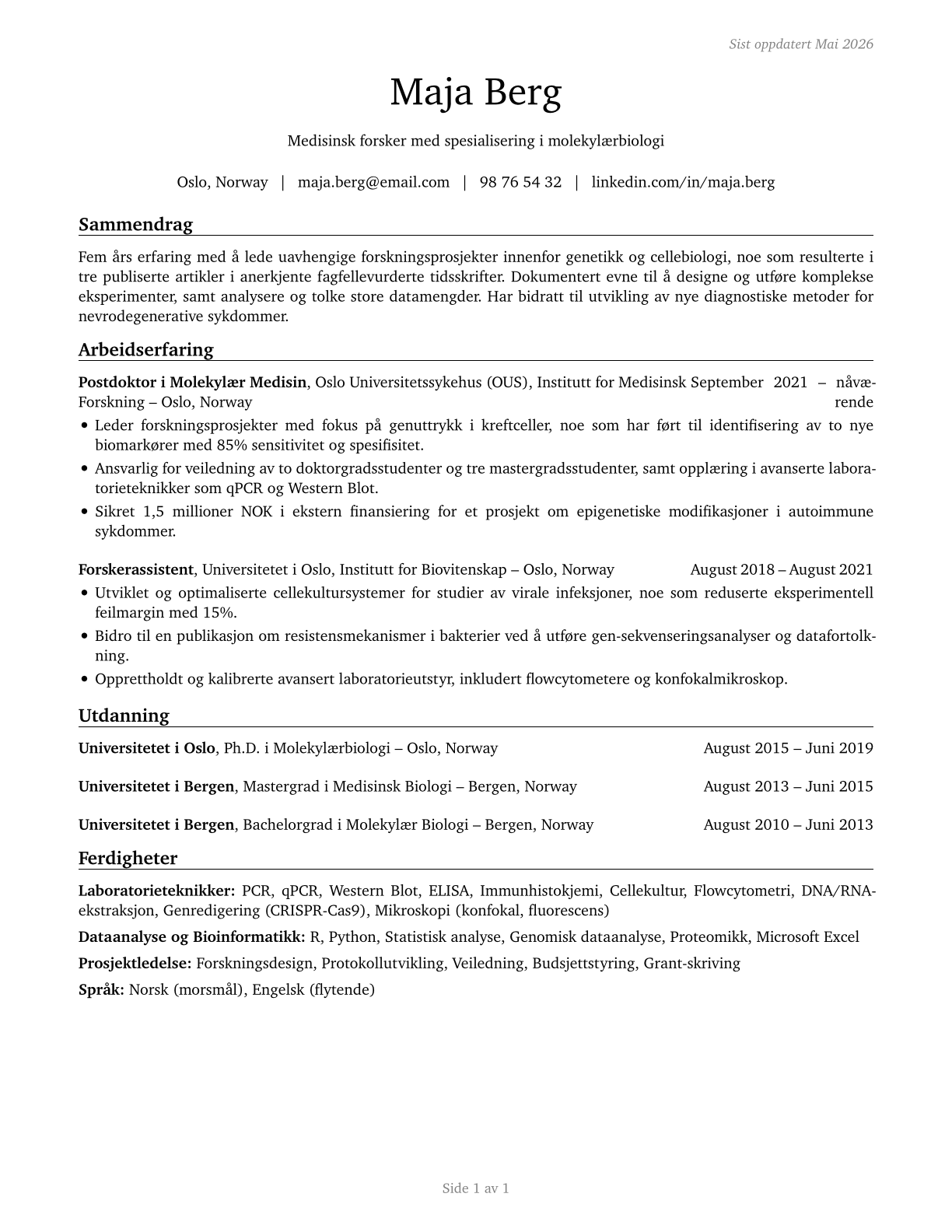 Medical Scientists, Except Epidemiologists CV in Norwegian_bokmal — page 1