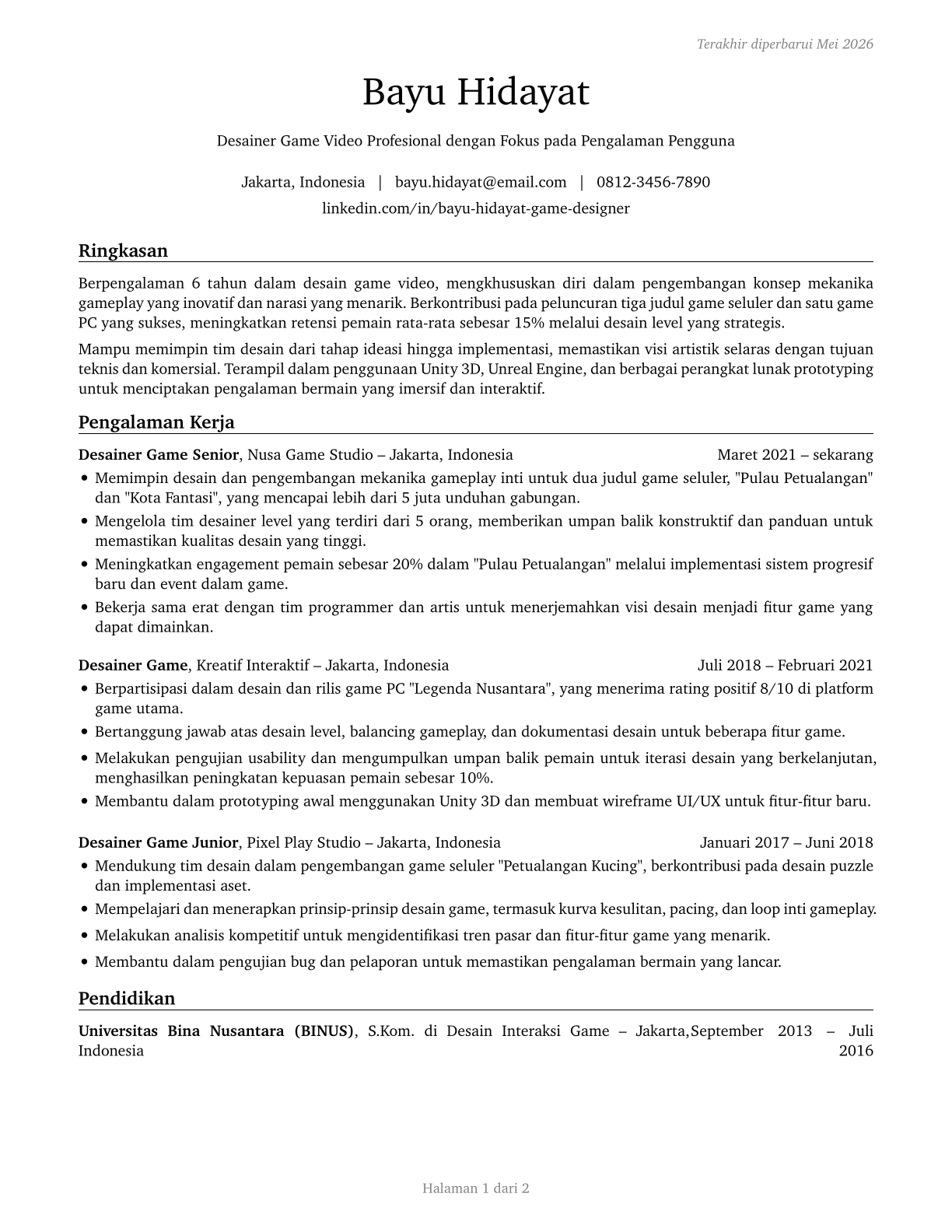 Video Game Designers CV in Indonesian — page 1