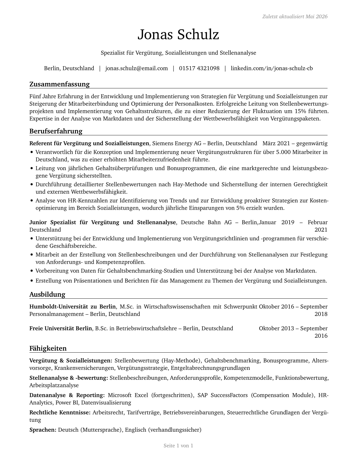Compensation, Benefits, and Job Analysis Specialists CV in German — page 1