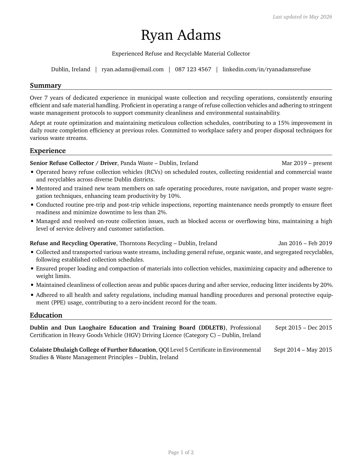 Refuse and Recyclable Material Collectors CV in English — page 1