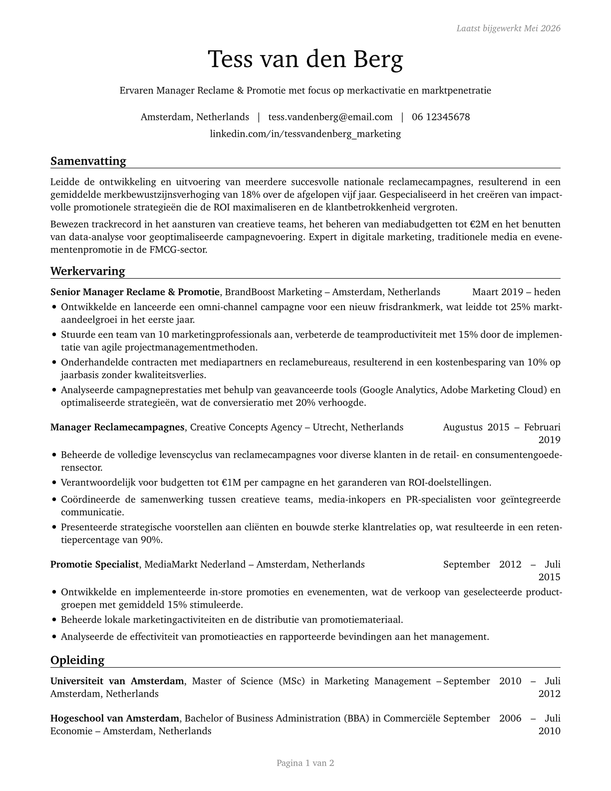 Advertising and Promotions Managers CV in Dutch — page 1