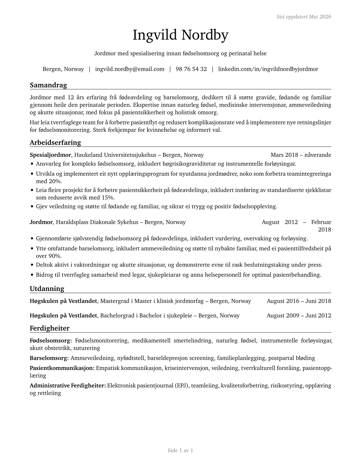 Midwives CV in Norwegian_nynorsk — page 1