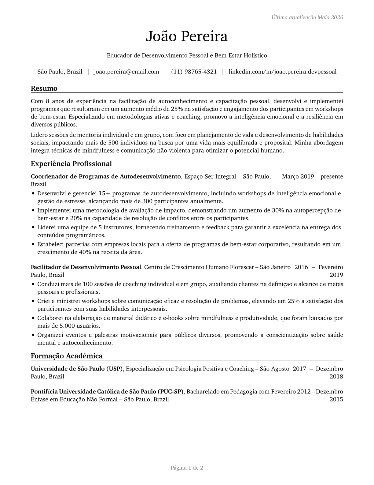 Self-Enrichment Teachers CV in Portuguese — page 1