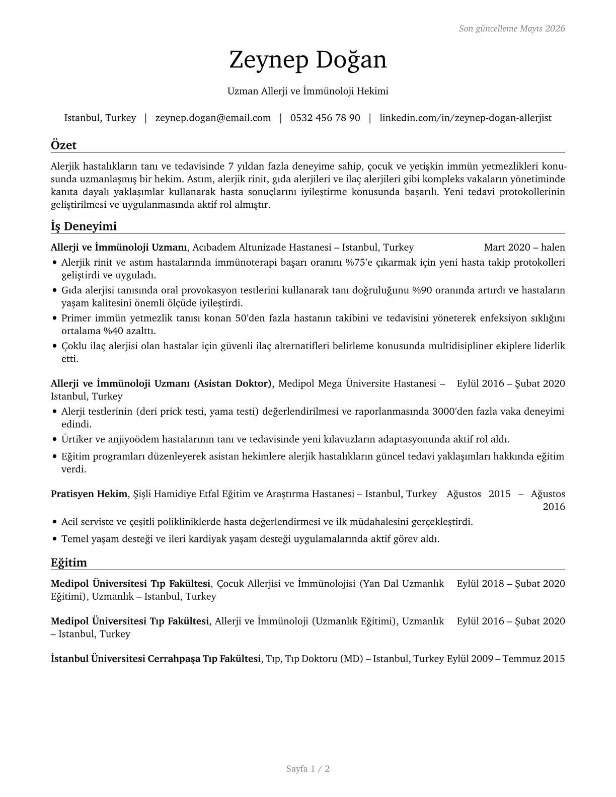Allergists and Immunologists CV in Turkish — page 1