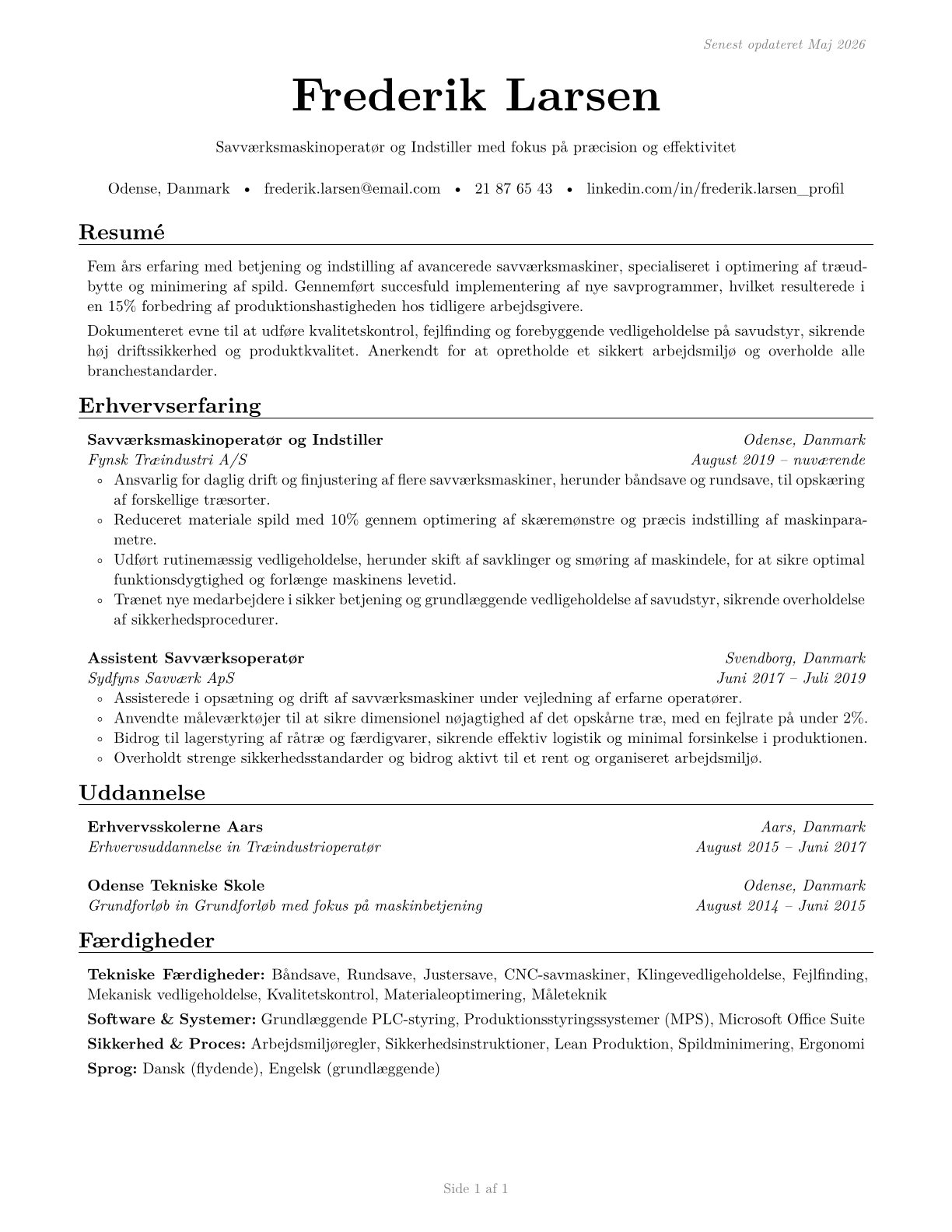 Sawing Machine Setters, Operators, and Tenders, Wood CV in Danish — page 1