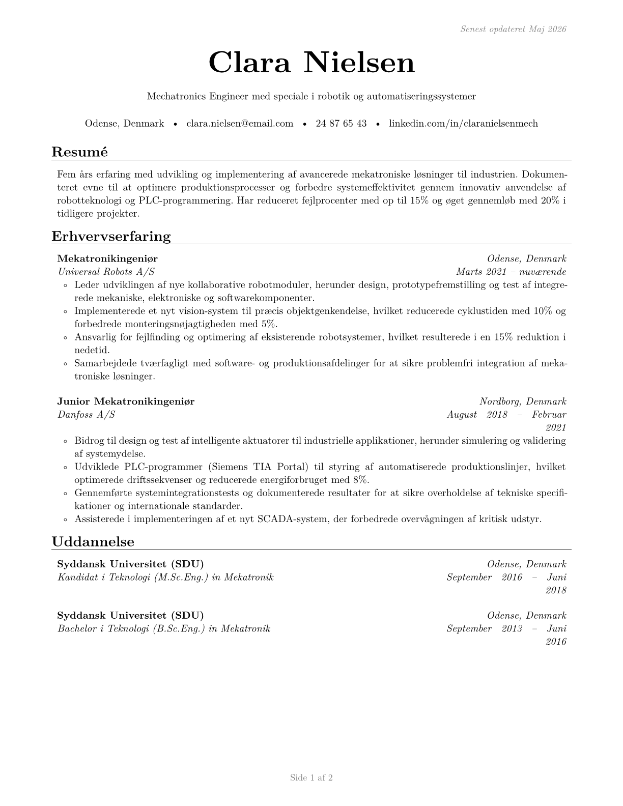 Mechatronics Engineers CV in Danish — page 1
