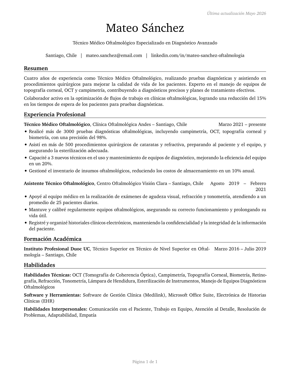 Ophthalmic Medical Technicians CV in Spanish — page 1