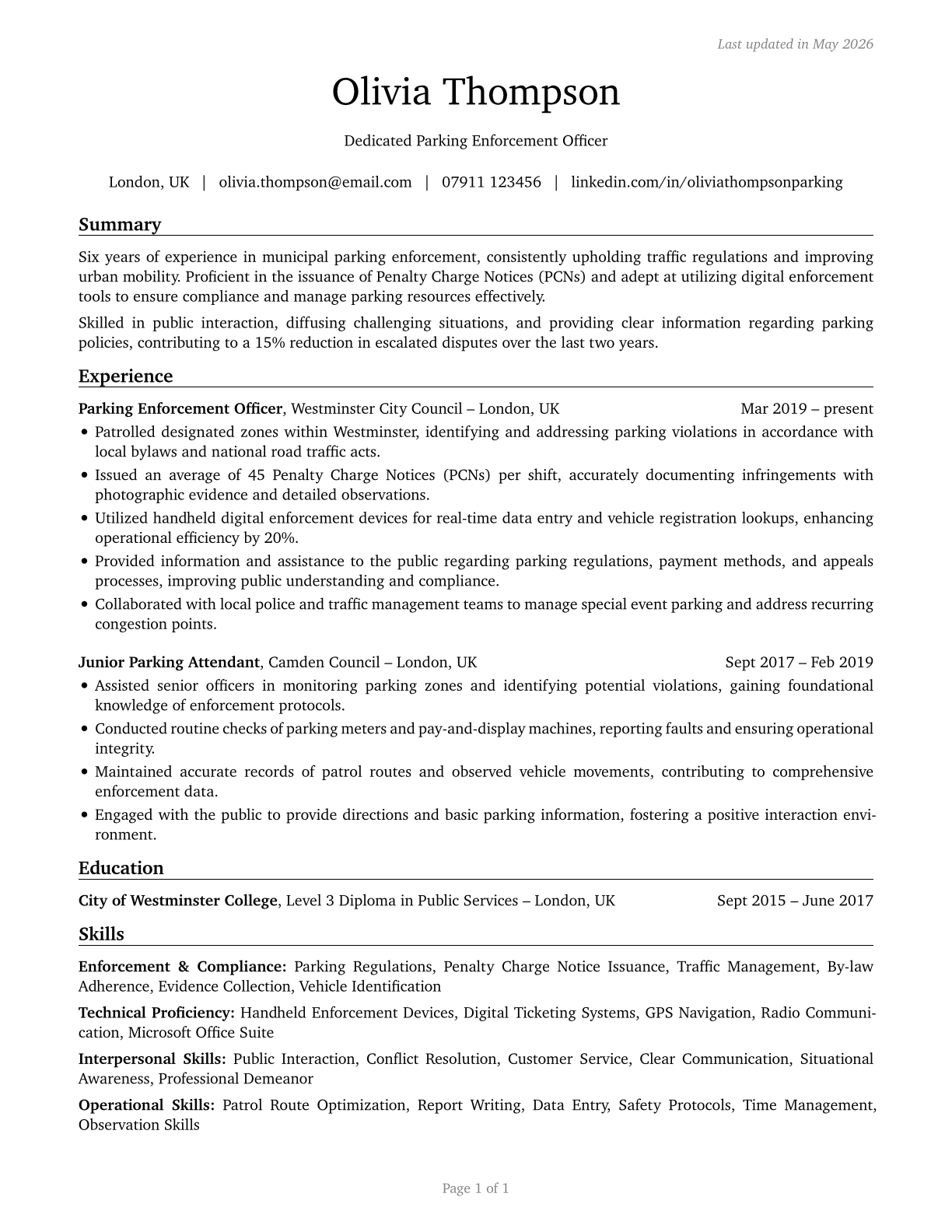 Parking Enforcement Workers CV in English — page 1