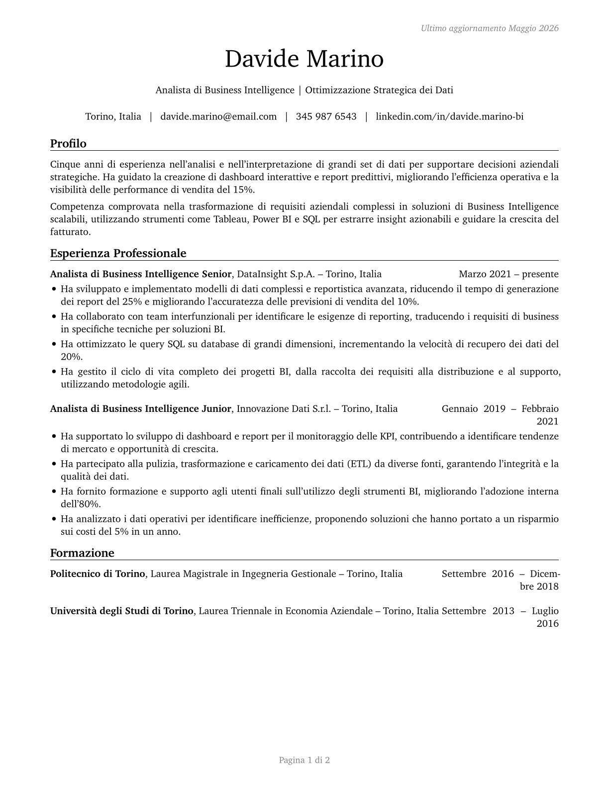 Business Intelligence Analysts CV in Italian — page 1