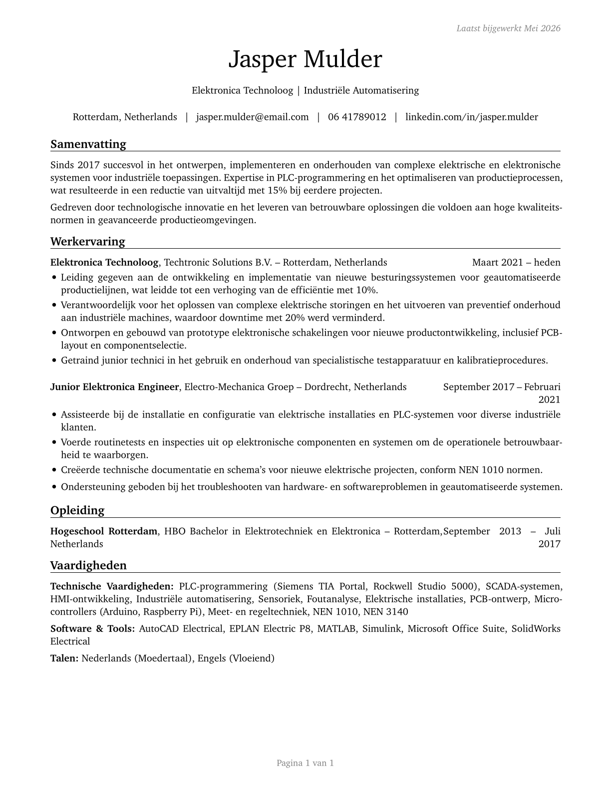 Electrical and Electronic Engineering Technologists and Technicians CV in Dutch — page 1