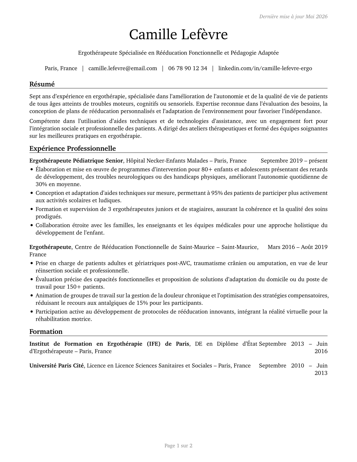 Occupational Therapists CV in French — page 1