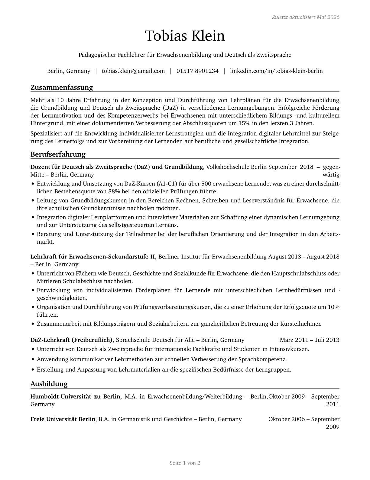 Adult Basic Education, Adult Secondary Education, and English as a Second Language Instructors CV in German — page 1