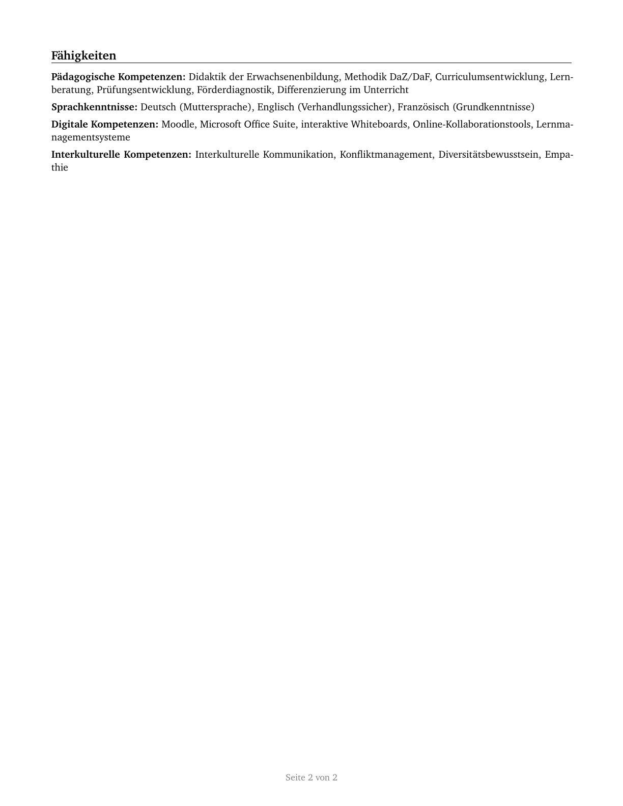 Adult Basic Education, Adult Secondary Education, and English as a Second Language Instructors CV in German — page 2