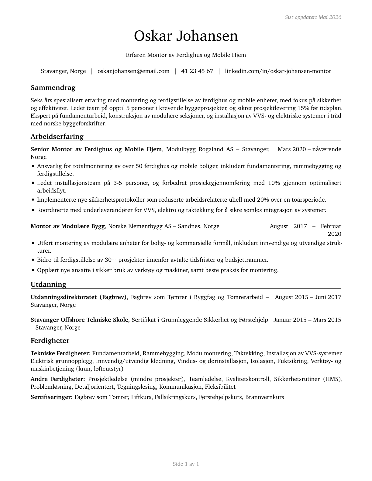 Manufactured Building and Mobile Home Installers CV in Norwegian_bokmal — page 1