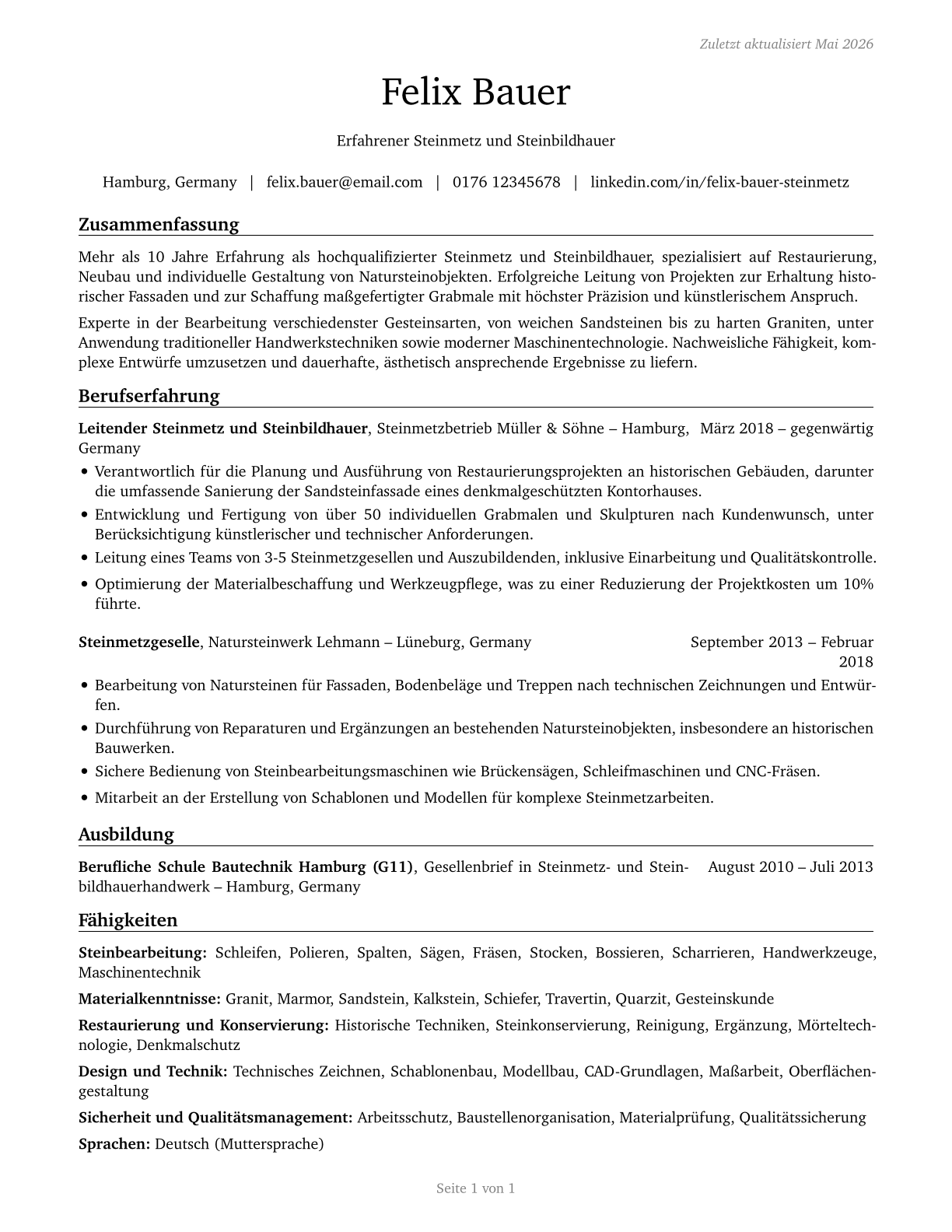 Stonemasons CV in German — page 1