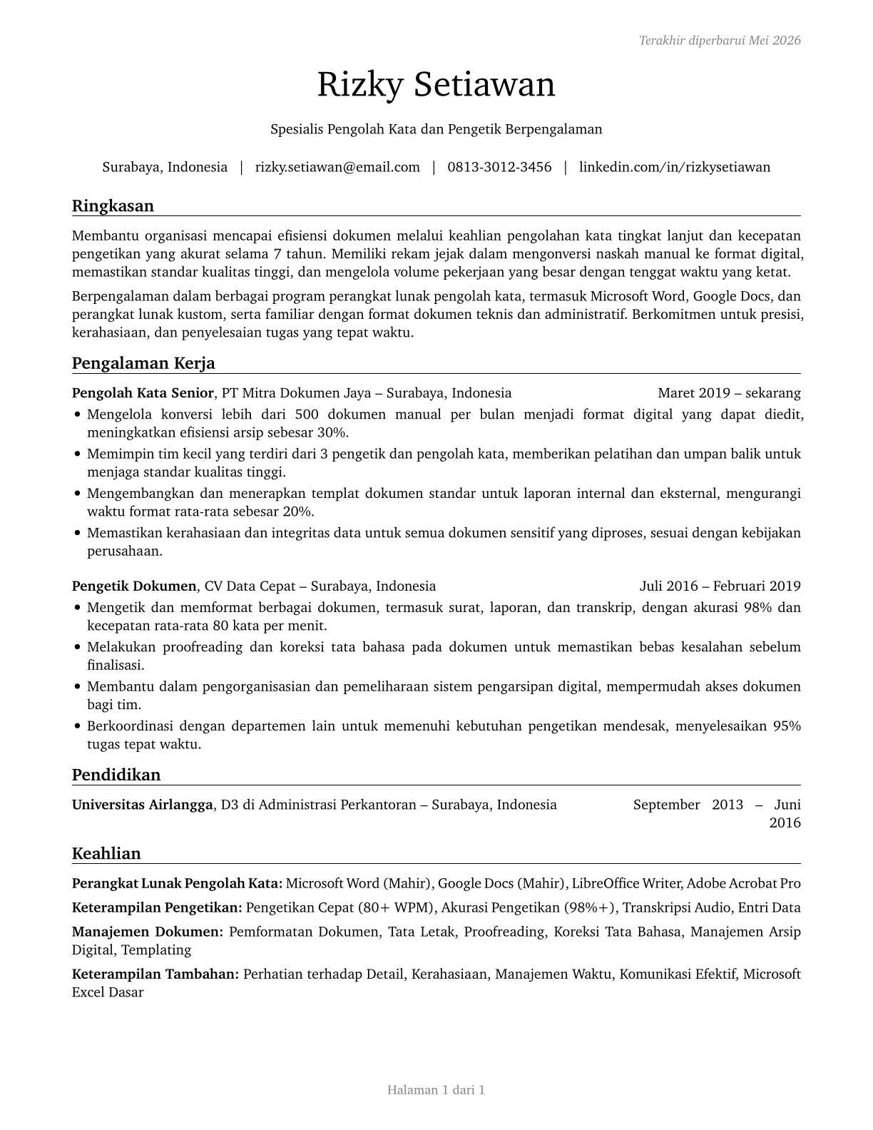 Word Processors and Typists CV in Indonesian — page 1