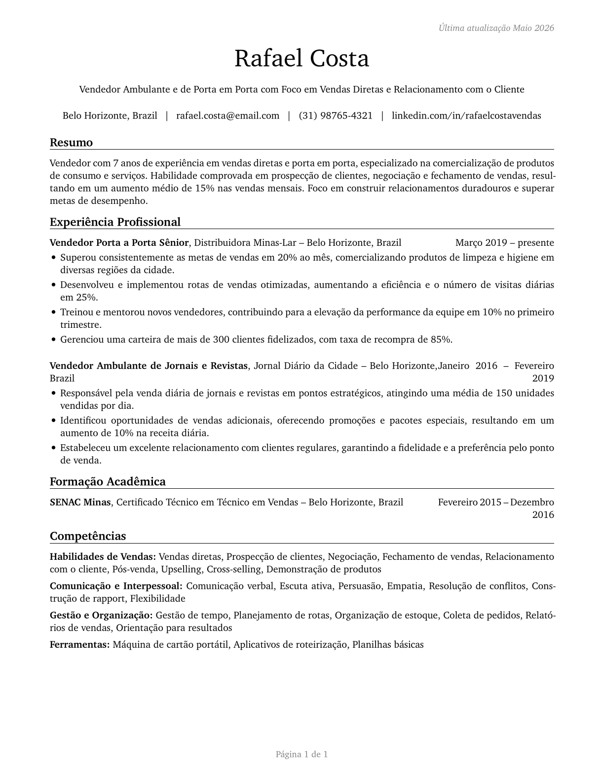 Door-to-Door Sales Workers, News and Street Vendors, and Related Workers CV in Portuguese — page 1
