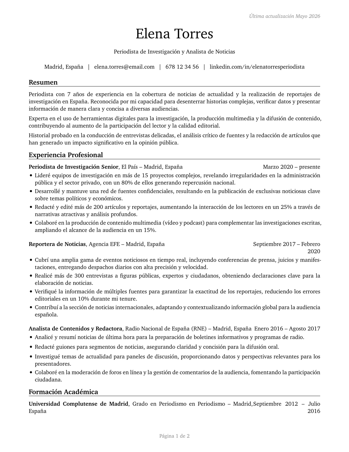 News Analysts, Reporters, and Journalists CV in Spanish — page 1
