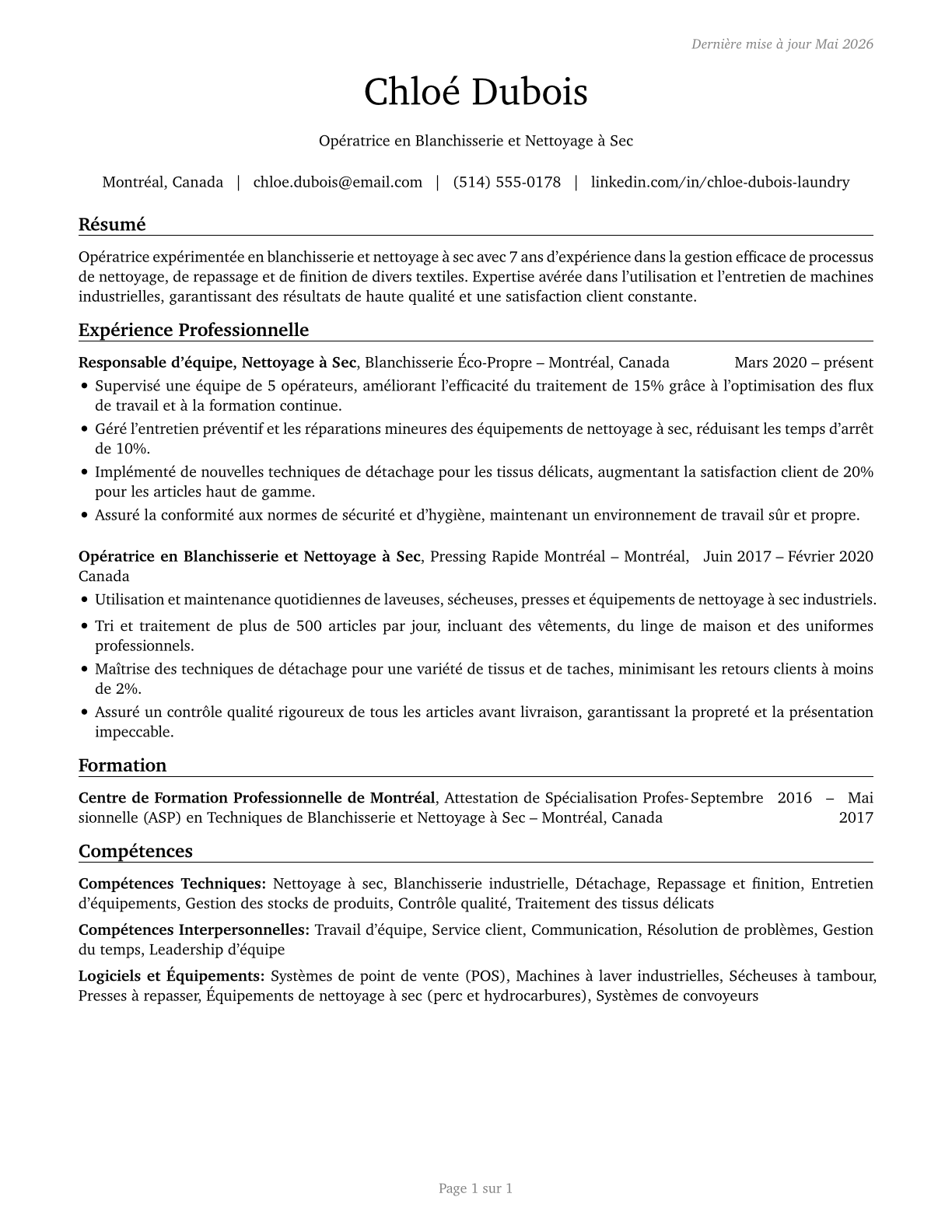 Laundry and Dry-Cleaning Workers CV in French — page 1
