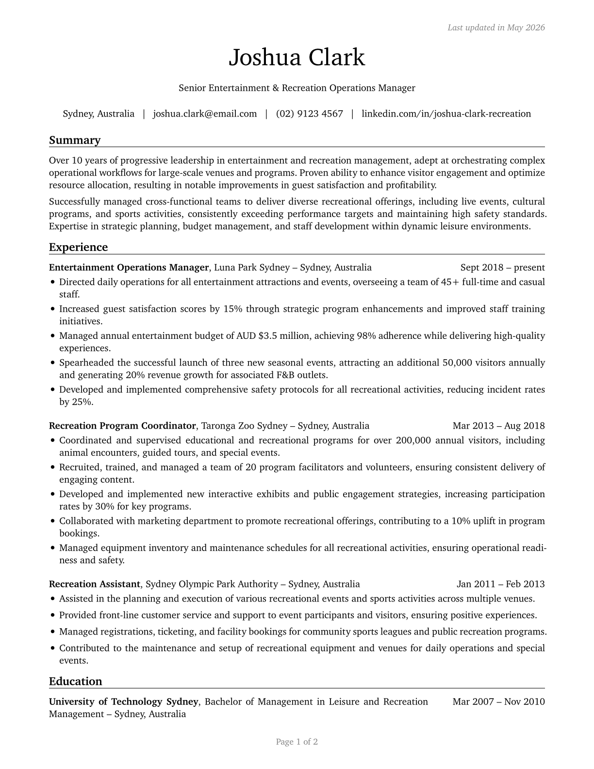 Entertainment and Recreation Managers, Except Gambling CV in English — page 1