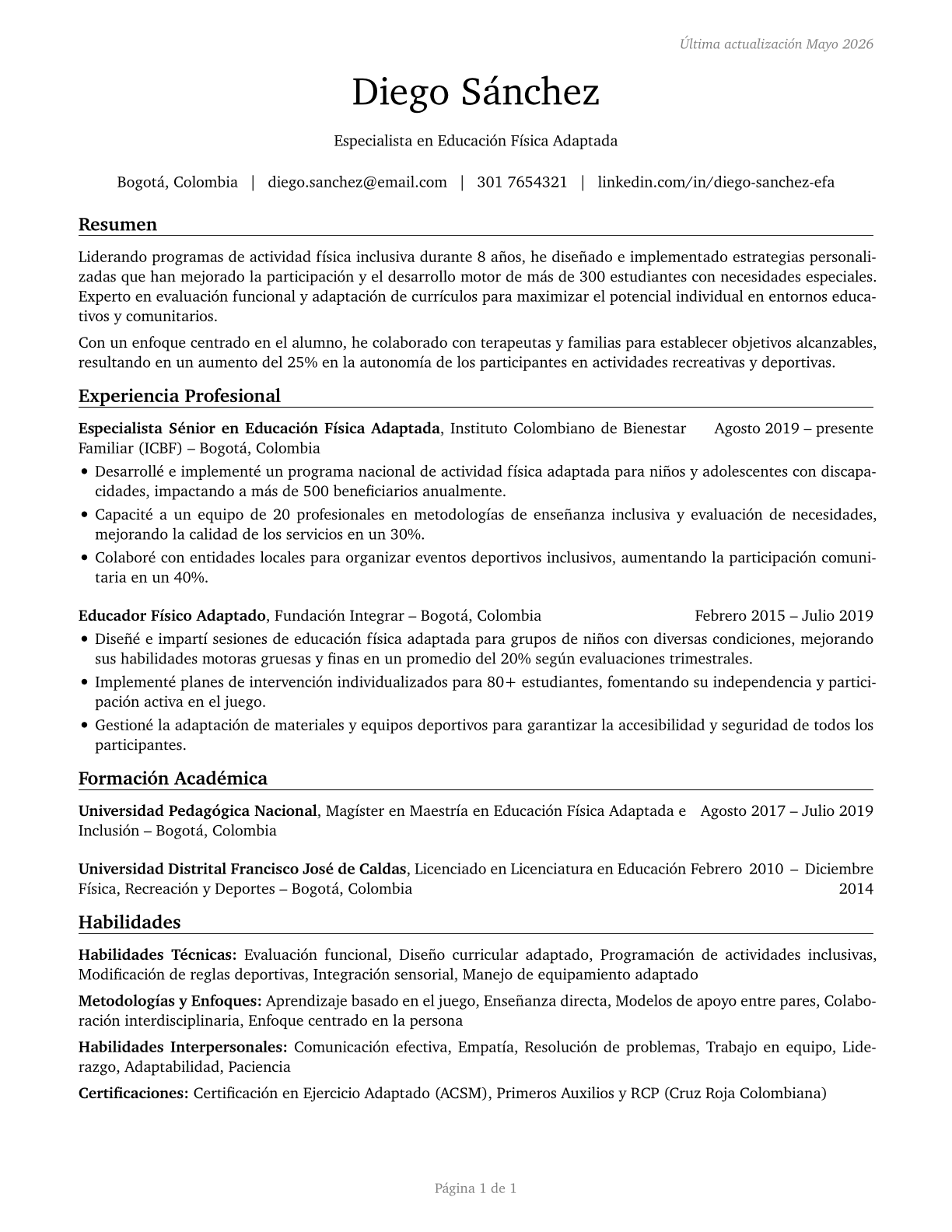 Adapted Physical Education Specialists CV in Spanish — page 1