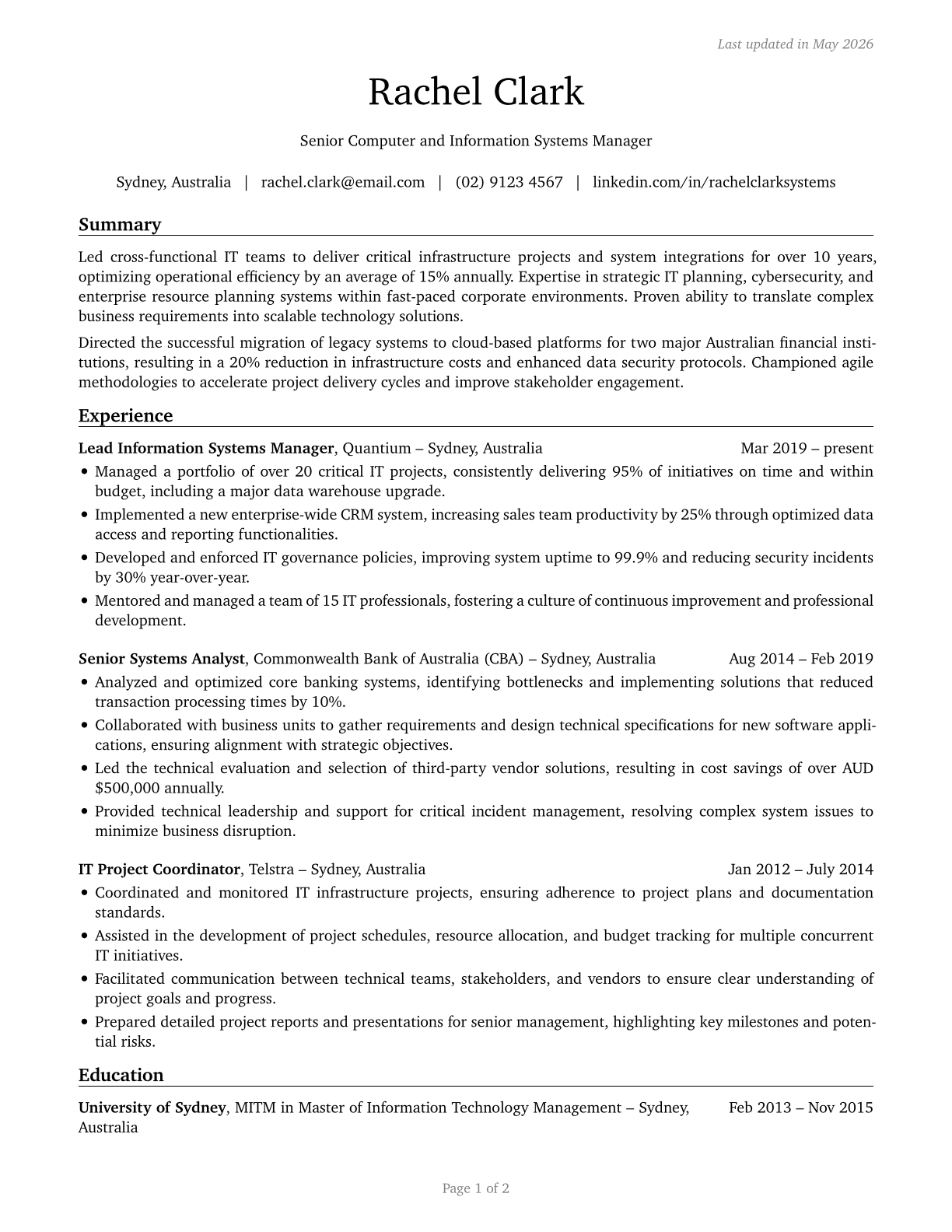 Computer and Information Systems Managers CV in English — page 1