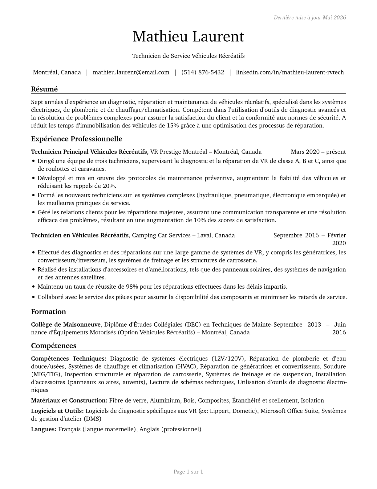 Recreational Vehicle Service Technicians CV in French — page 1