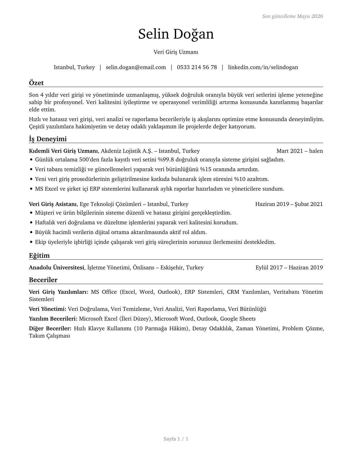 Data Entry Keyers CV in Turkish — page 1