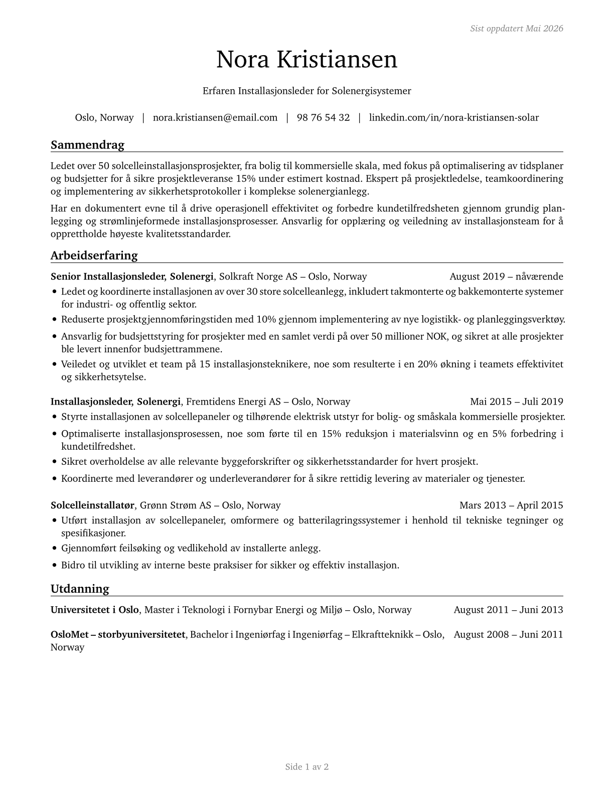 Solar Energy Installation Managers CV in Norwegian_bokmal — page 1