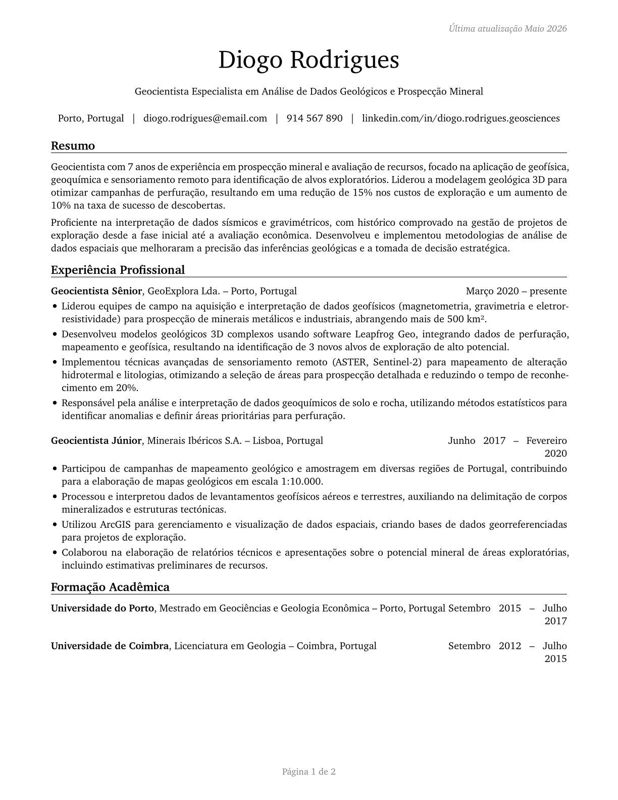Geoscientists, Except Hydrologists and Geographers CV in Portuguese — page 1