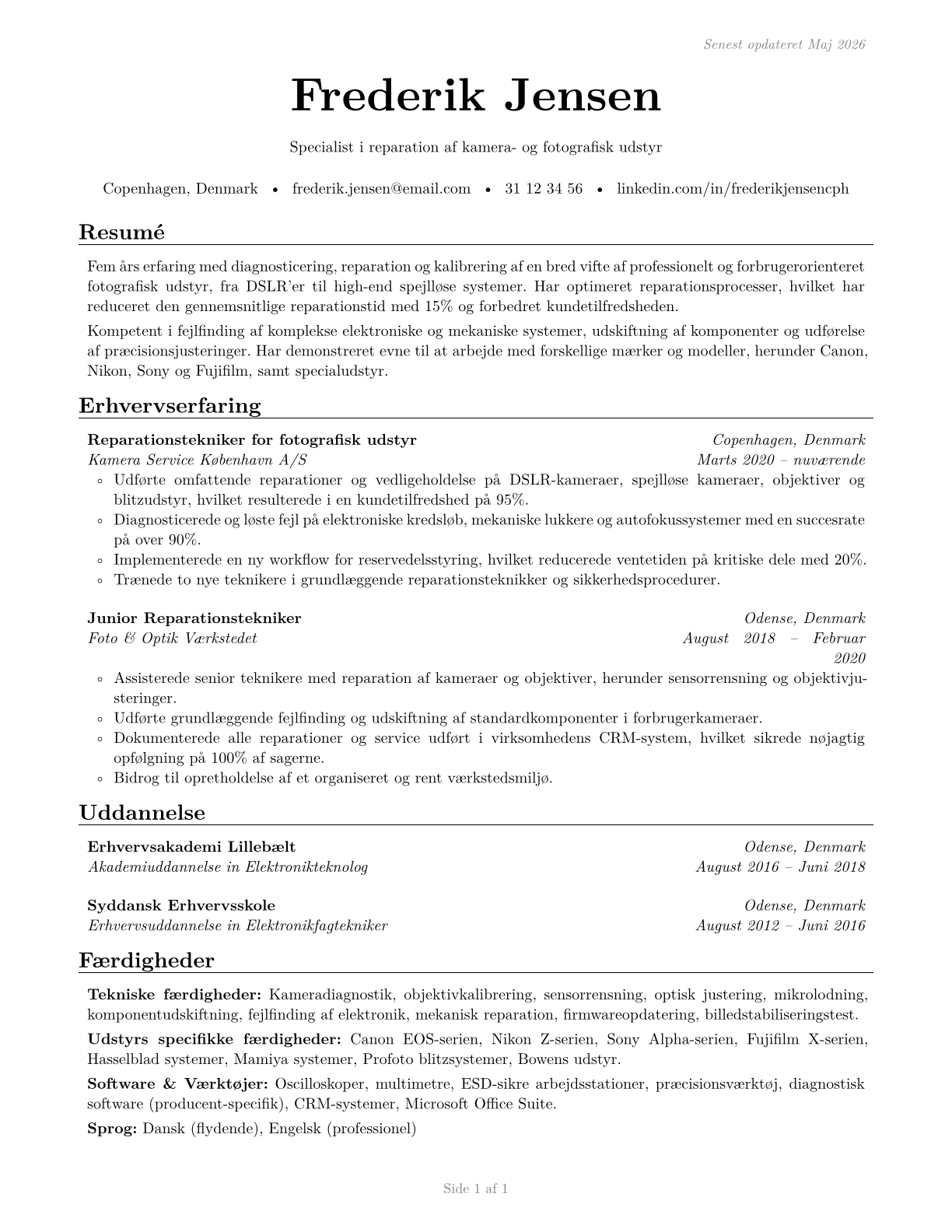Camera and Photographic Equipment Repairers CV in Danish — page 1