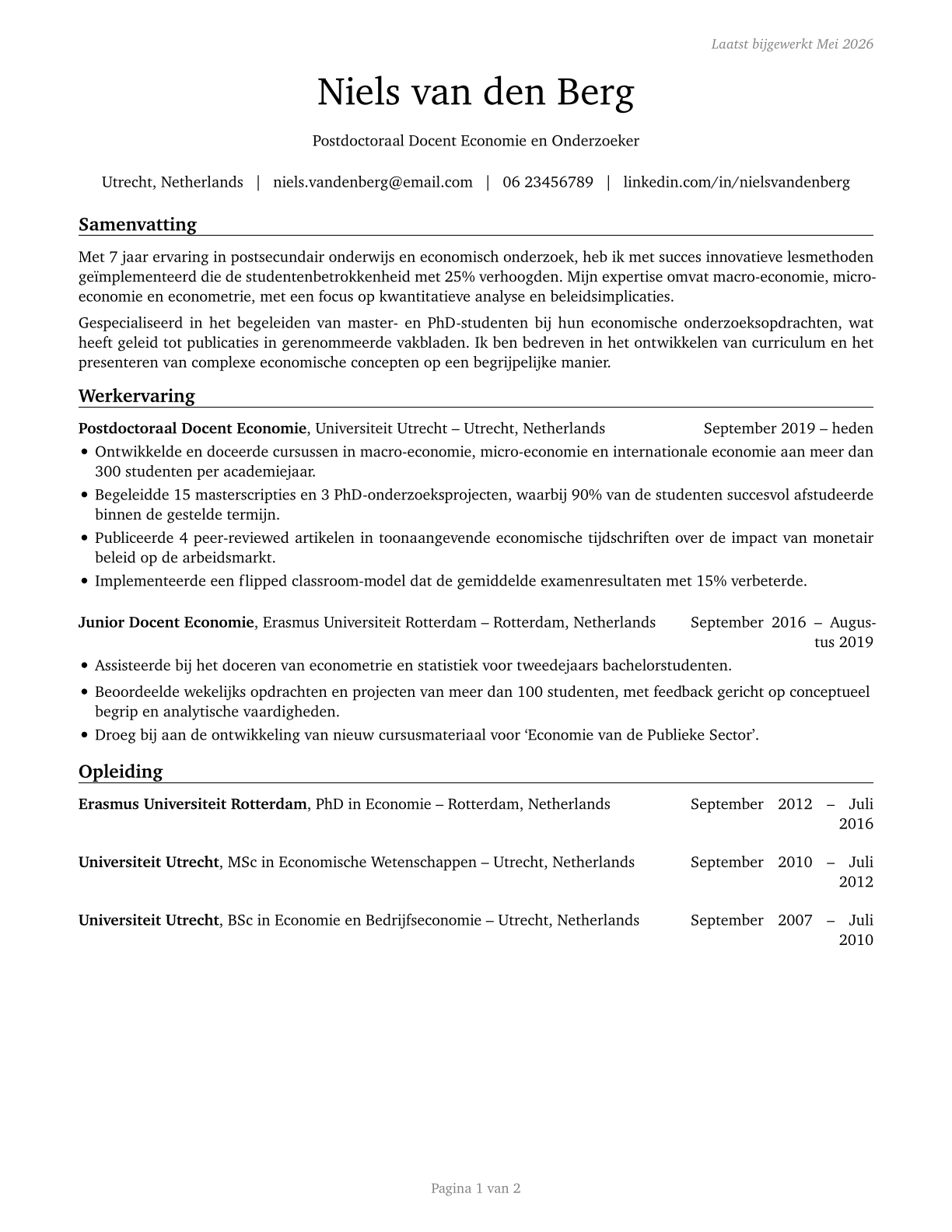 Economics Teachers, Postsecondary CV in Dutch — page 1