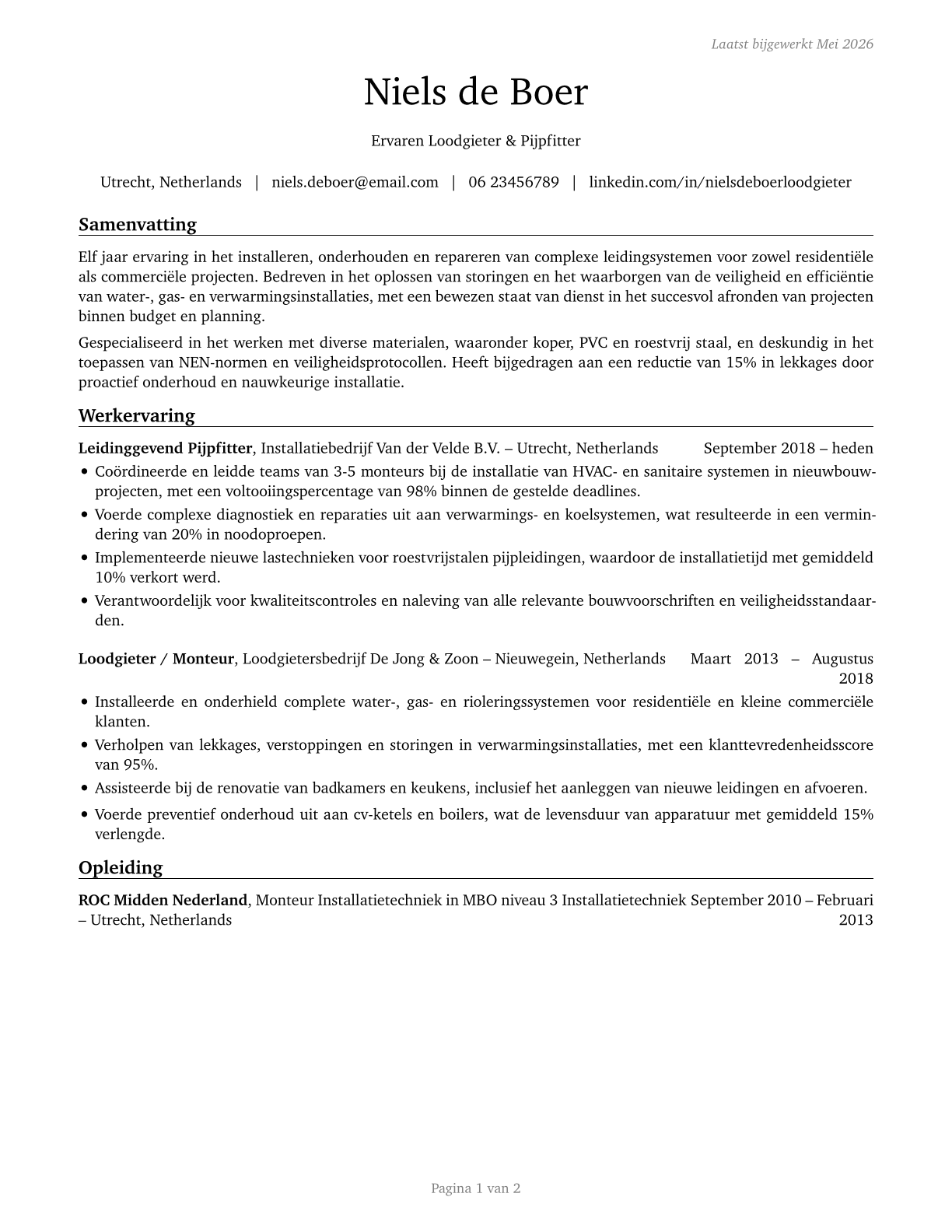 Plumbers, Pipefitters, and Steamfitters CV in Dutch — page 1