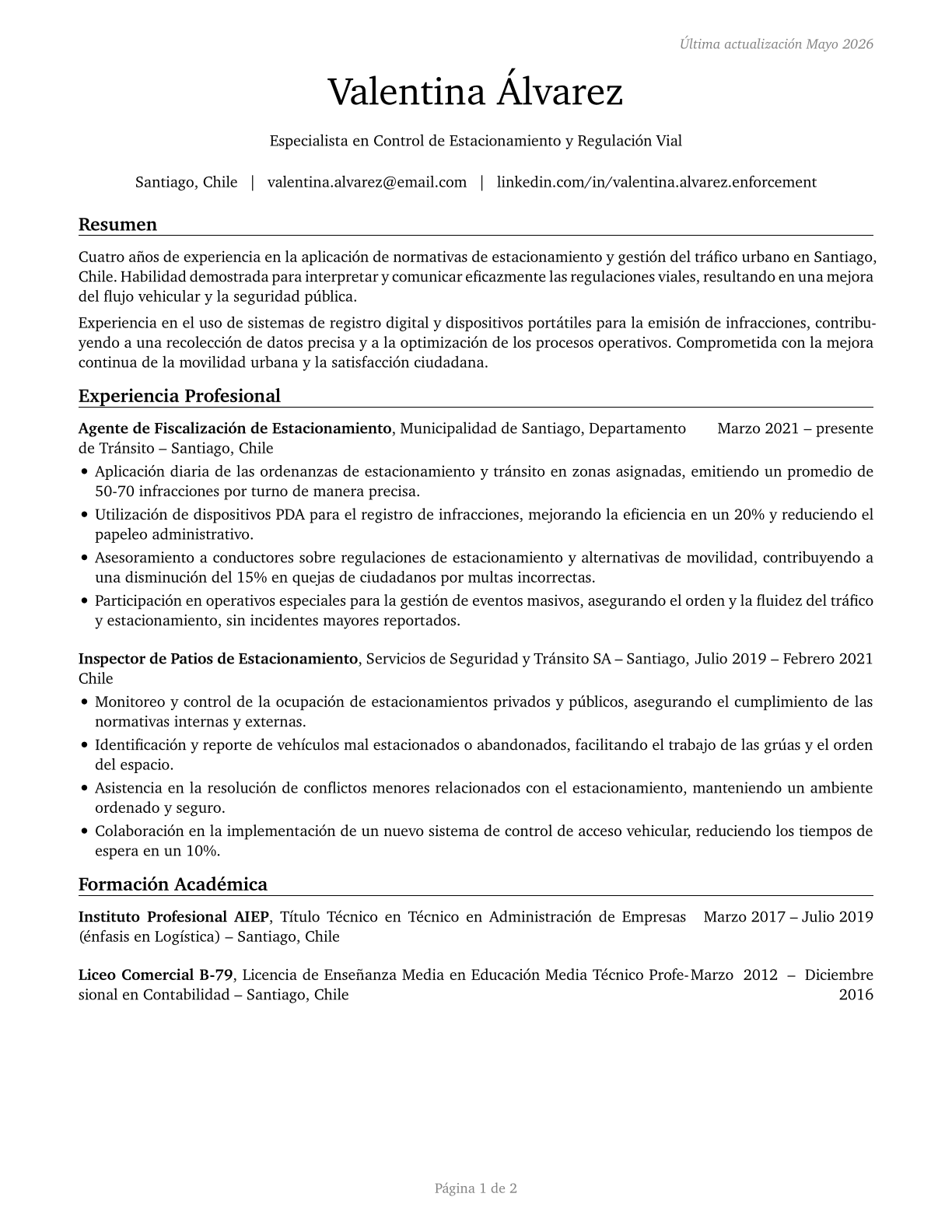 Parking Enforcement Workers CV in Spanish — page 1